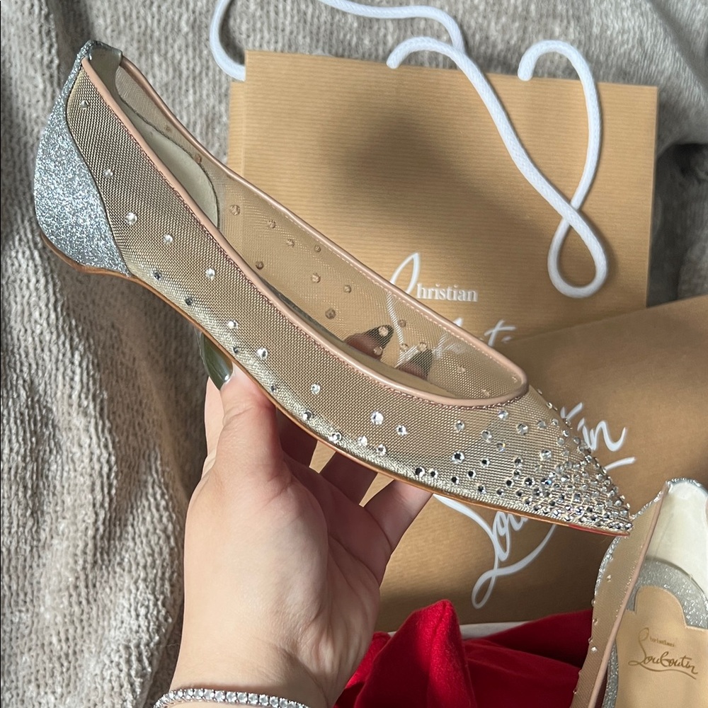 Christian Louboutin Follies Strass Silver Glitter Flats Mesh and Crystals